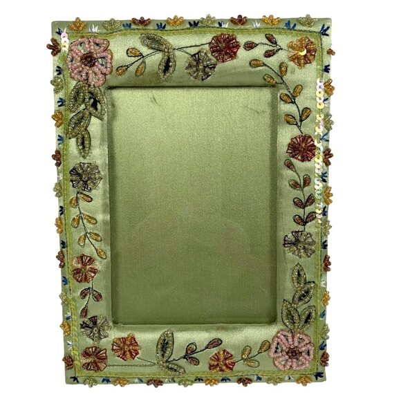 Ornate Beaded Picture Photo Frame Green Satin Fabric Sequins Floral Boho - Picture 1 of 8
